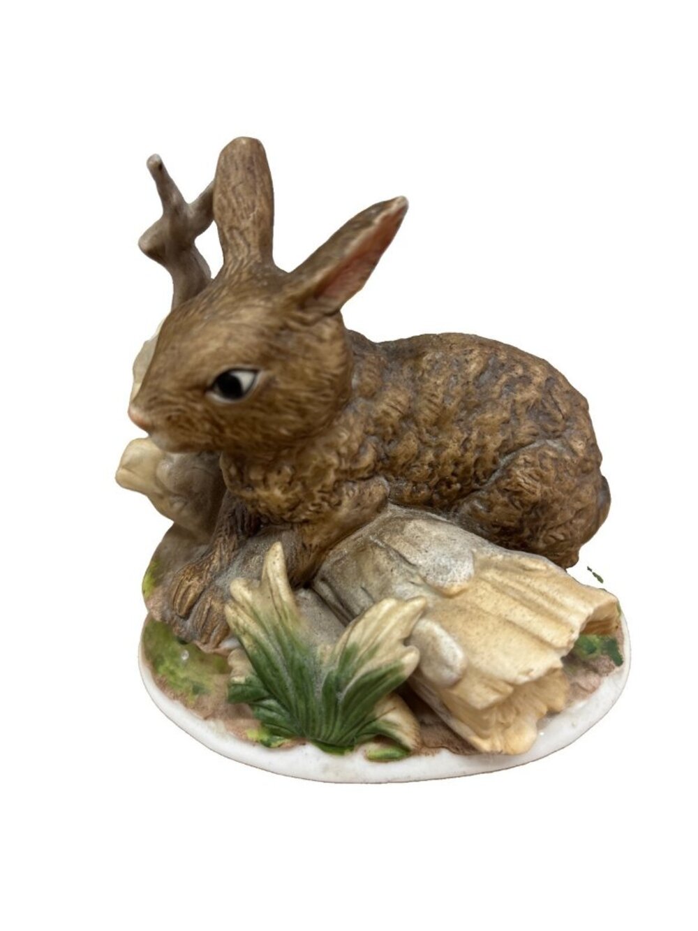 Vintage Homco Rabbit on Log Crossed Swords 1411 Logo Porcelain Figurine